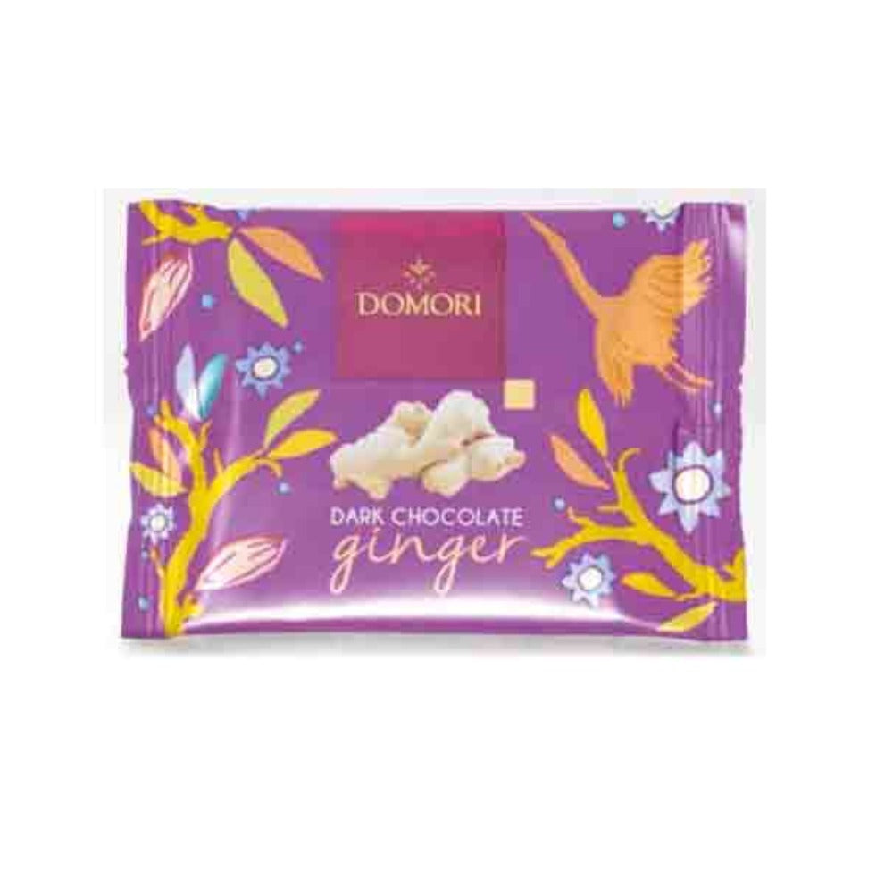 dark chocolate and ginger Domori 25 grams in purple flowpack